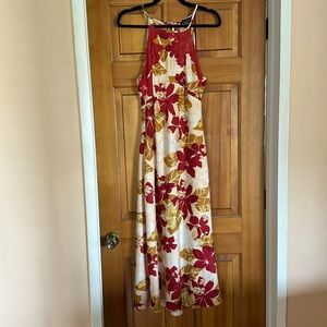 Jones New York - Long Flowy Hawaiian Style Print Dress, Lace Accent Size L